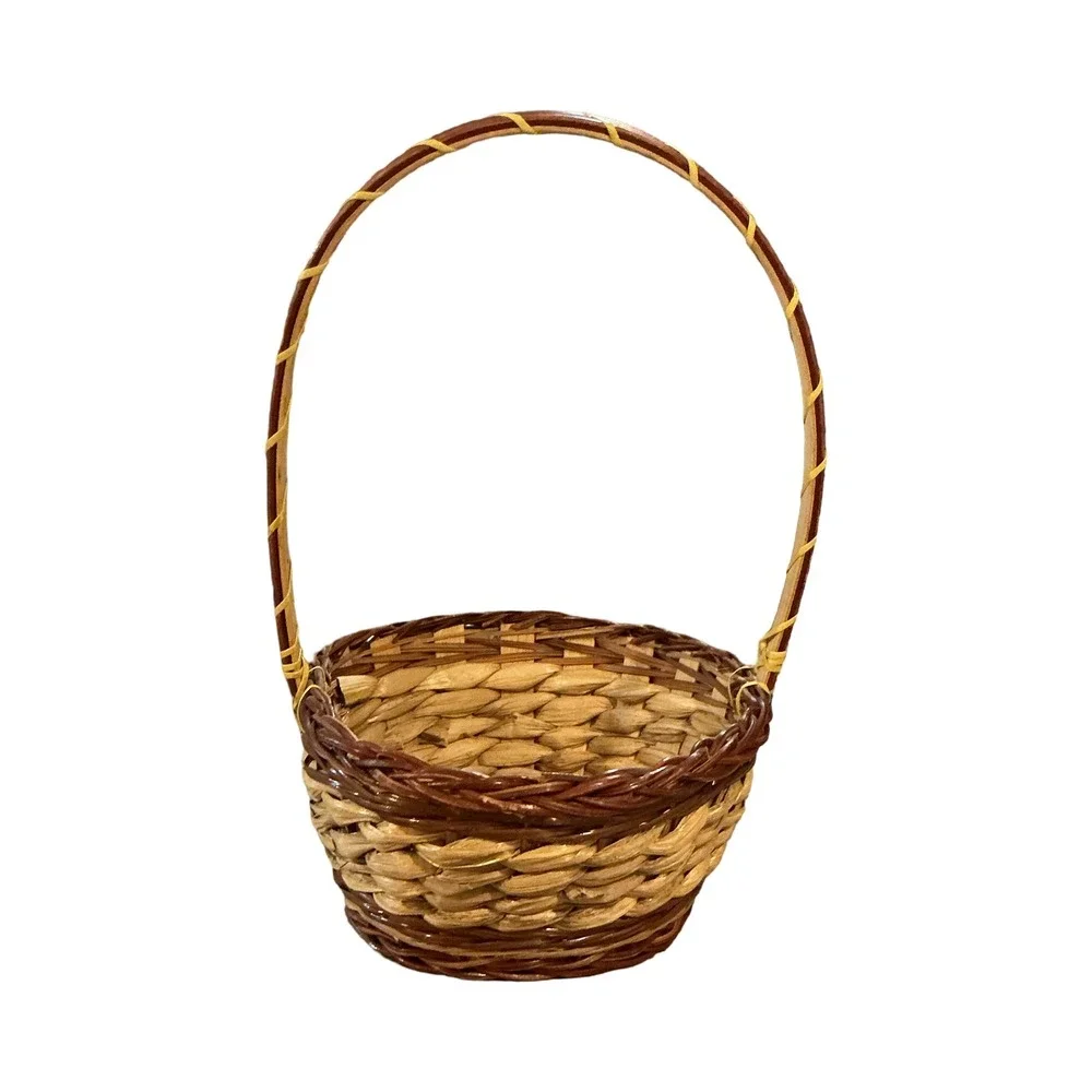 Vintage Two Tone Woven Wicker Basket with High Handle 13in x 8.5in x 7.5in